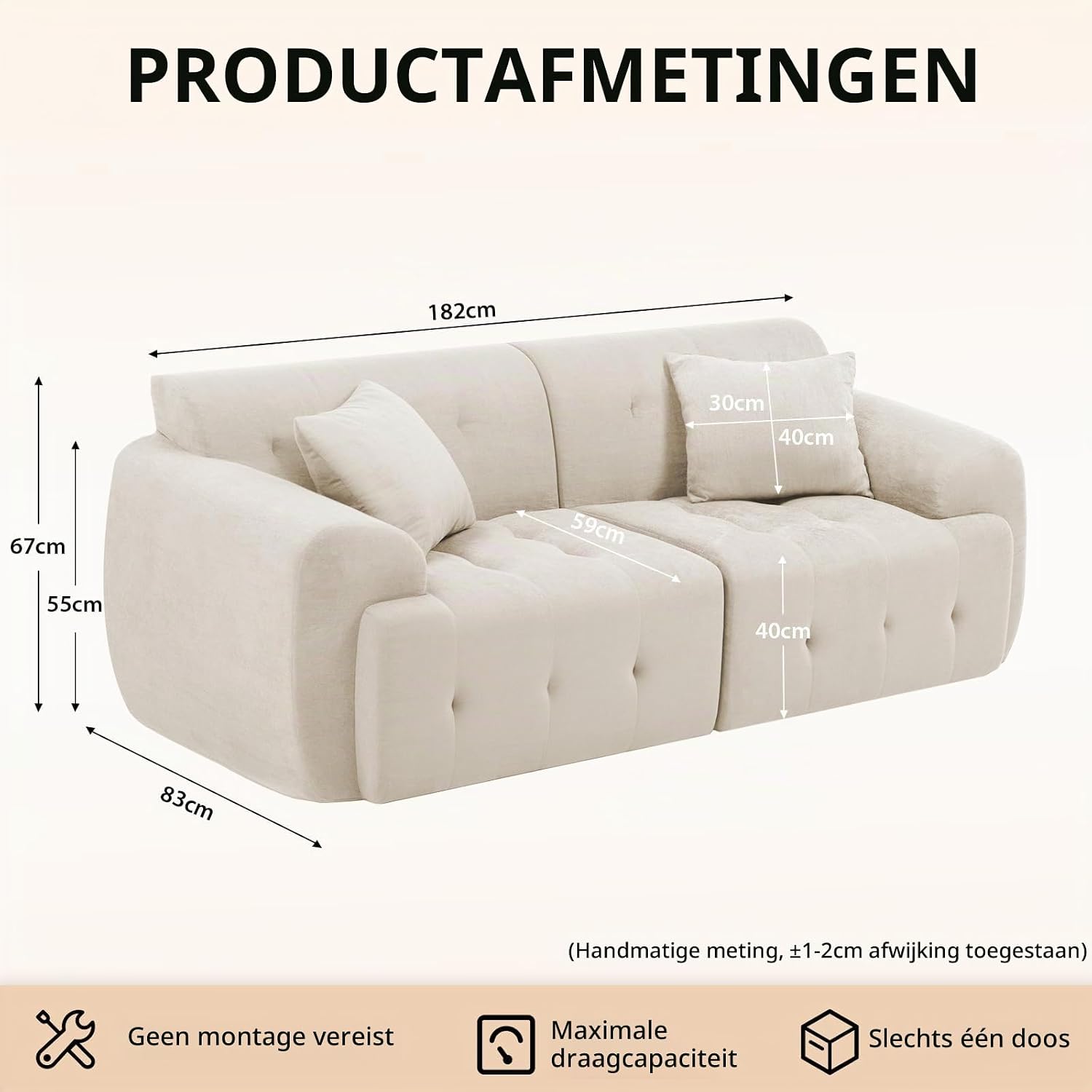 Detalle de COMHOMA B16 2-zitsbank van stof, beige, 180 x 86 x 40 cm