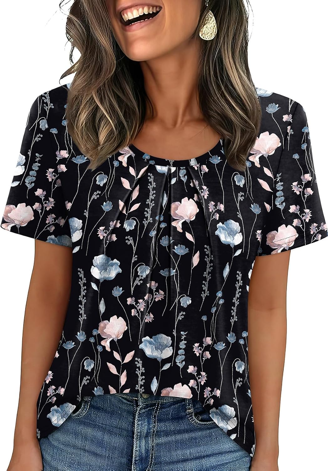 Detalle de WIHOLL Women Pleated Short Sleeve Top – Lightweight Business Casual Blouse