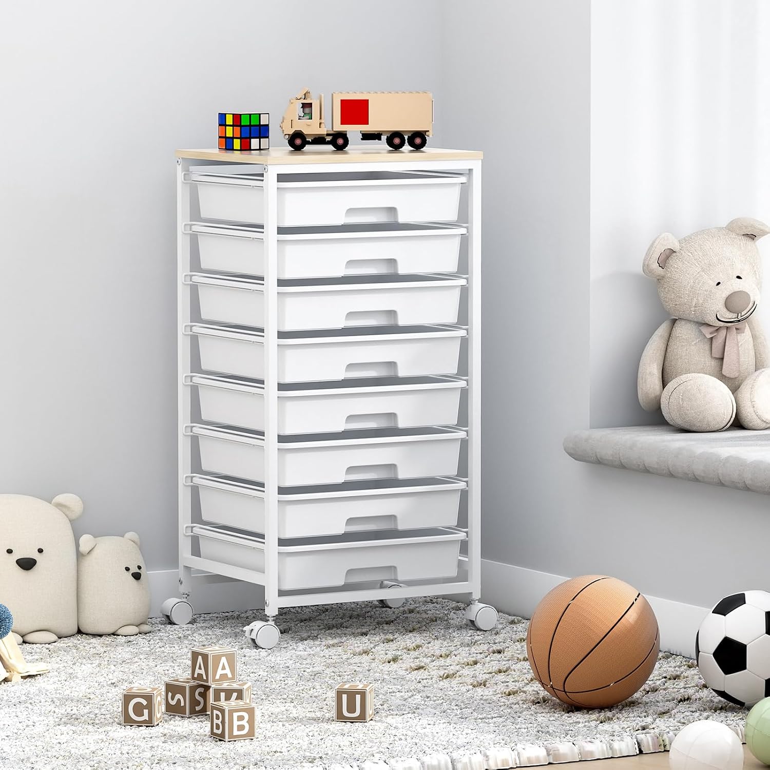 Detalle de SYKIARIOL 1250-W 8-Drawer Utility Cart with Wooden Top and Locking Wheels