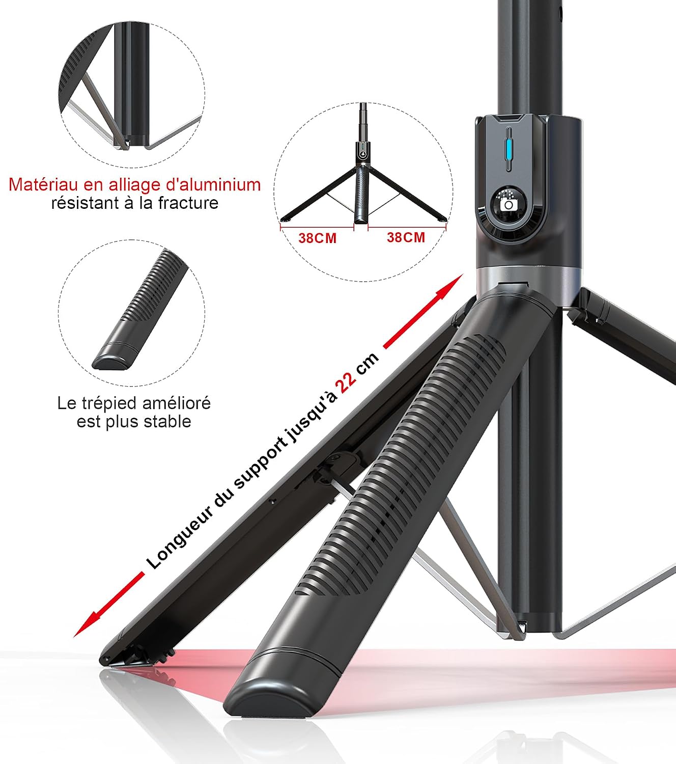 Detalle de Perche à Selfie Trépied ASHINER – 180 cm, télécommande et LED pour vos vlogs et photos