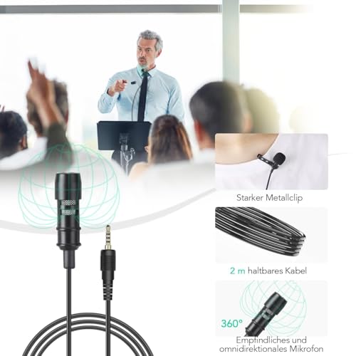Detalle de AGPTEK Lavalier Mikrofon, 2 m Mini Omnidirectional Kondensator – kompatibel mit Smartphone, PC und DSLR