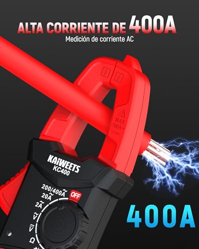 Detalle de KAIWEETS KC400: Pinza Amperimétrica Digital 400A TRMS y Multímetro 5 en 1