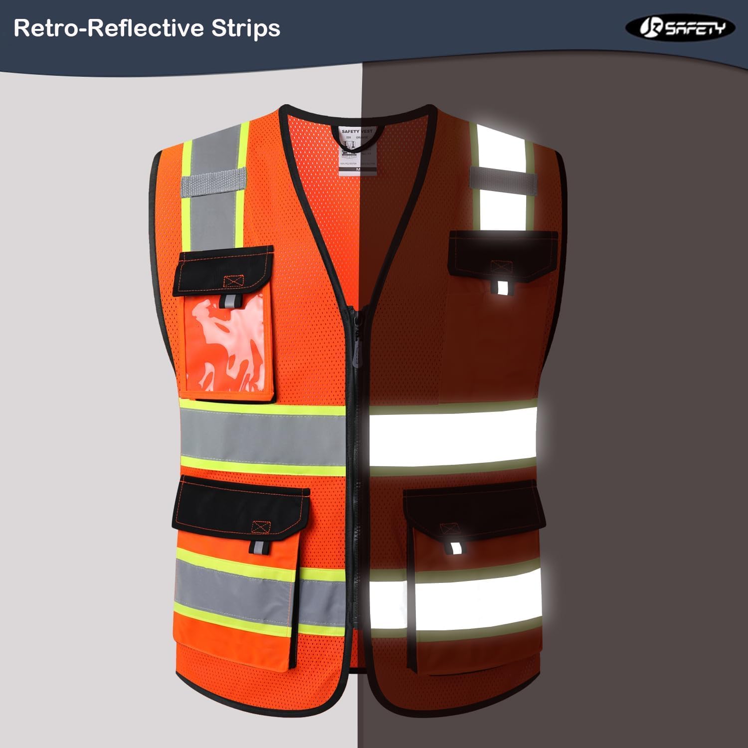 Detalle de JKSafety JK220 Safety Vest, Orange Small Mesh with Reflective Strips and Pockets