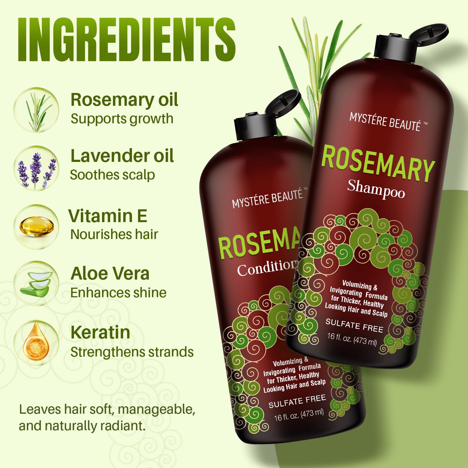 Detalle de MYSTÉRE BEAUTÉ Rosemary Shampoo and Conditioner Set (Biotin, Keratin & Argan Oil) — Sulfate-Free for Hair Growth