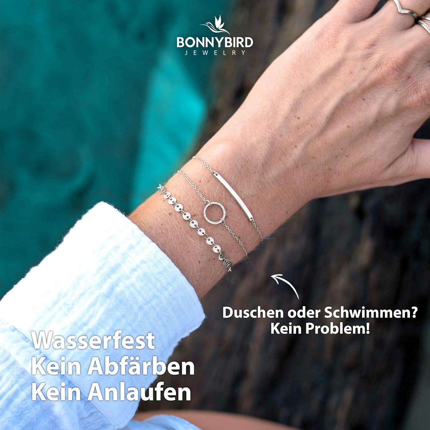 Detalle de BONNYBIRD BonnyMilano Premium Edelstahl-Armbänder-Set für Damen (Silber, Gold & Roségold)