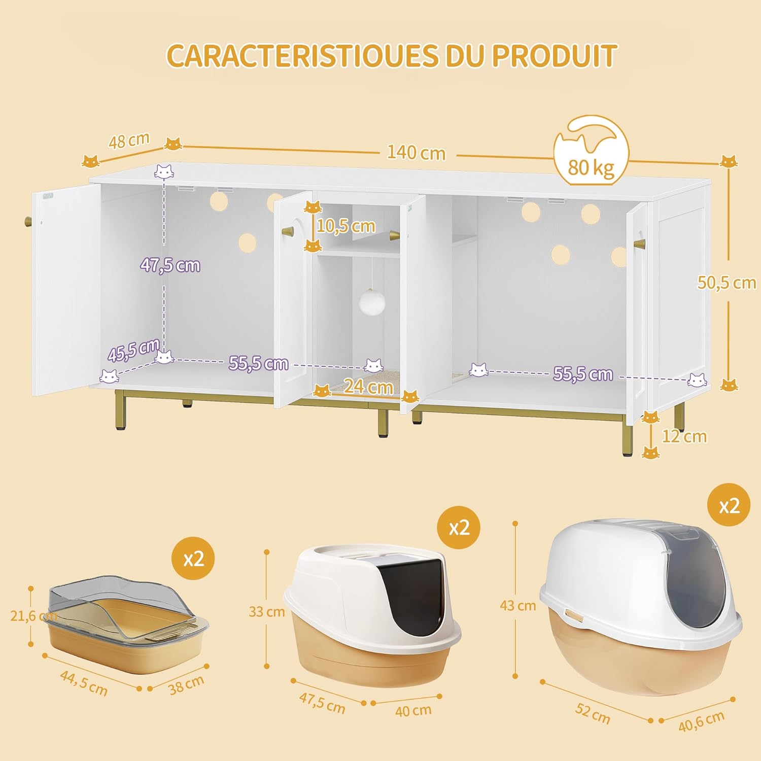 Thumbnail 3 de Hzuaneri Meuble litière pour 2 chats CB86513A (140 x 48 x 62 cm) blanc et or