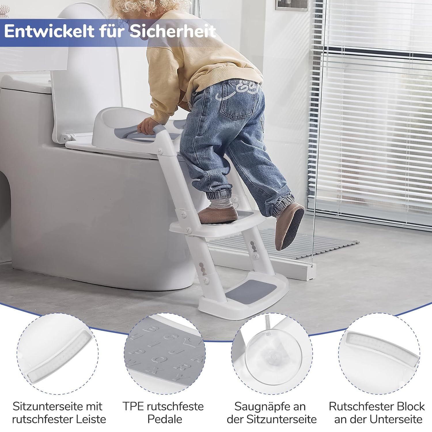 Detalle 1 de DEANIC Toilettensitz Kinder mit Treppe 38–47 cm grau