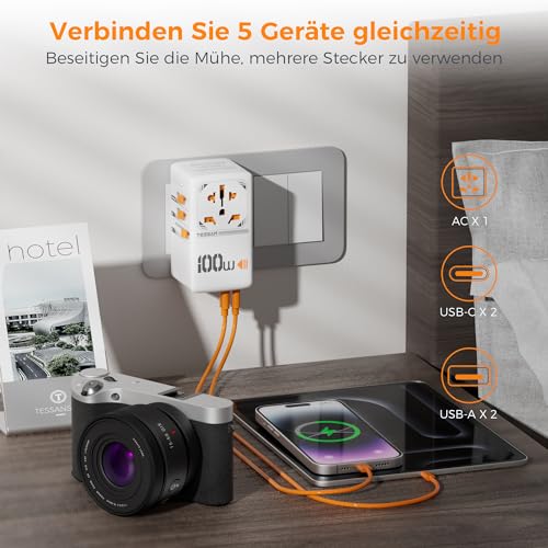 Detalle de TESSAN 100W GaN Reiseadapter weltweit – 2 USB-C, 2 USB-A, Weiß