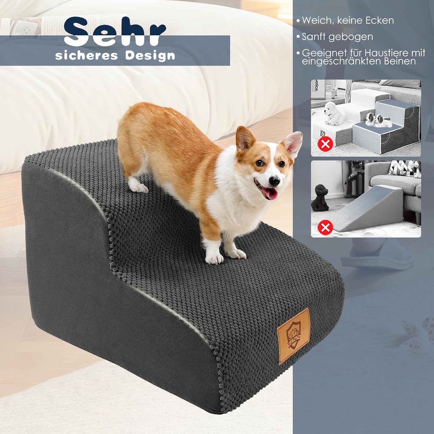 Detalle de Thihome Hundetreppe mit 2 Stufen (40 x 40 x 30 cm), rutschfest, mit waschbarem Bezug und 30D-Schaum