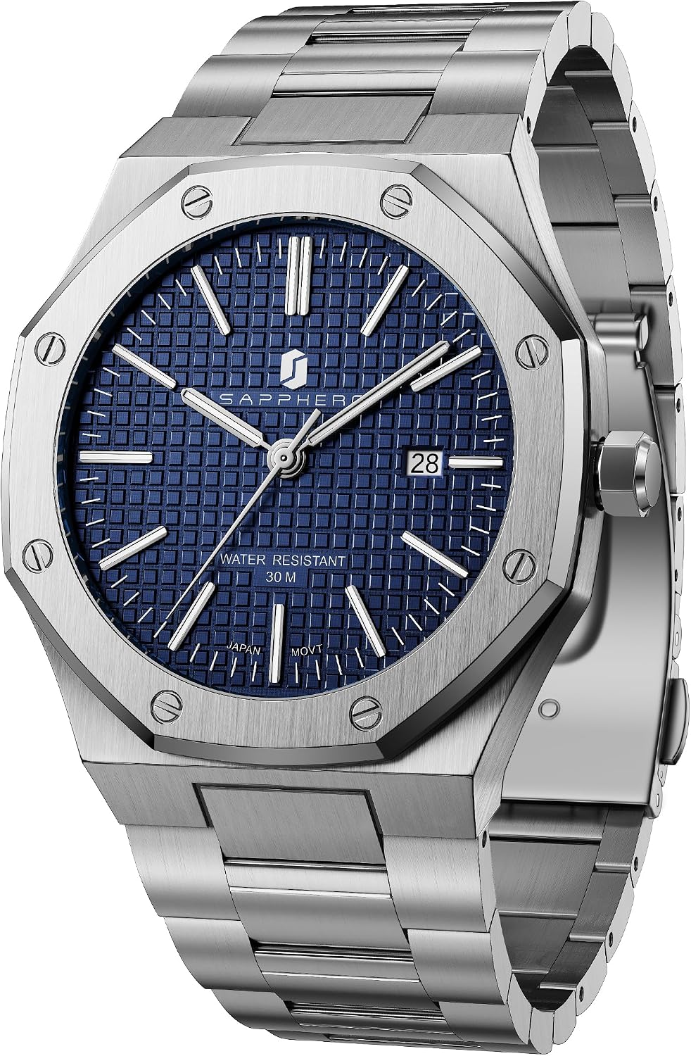 Detalle de SAPPHERO montre homme octogonale en acier à quartz japonais – cadran damier, étanchéité 10/30M