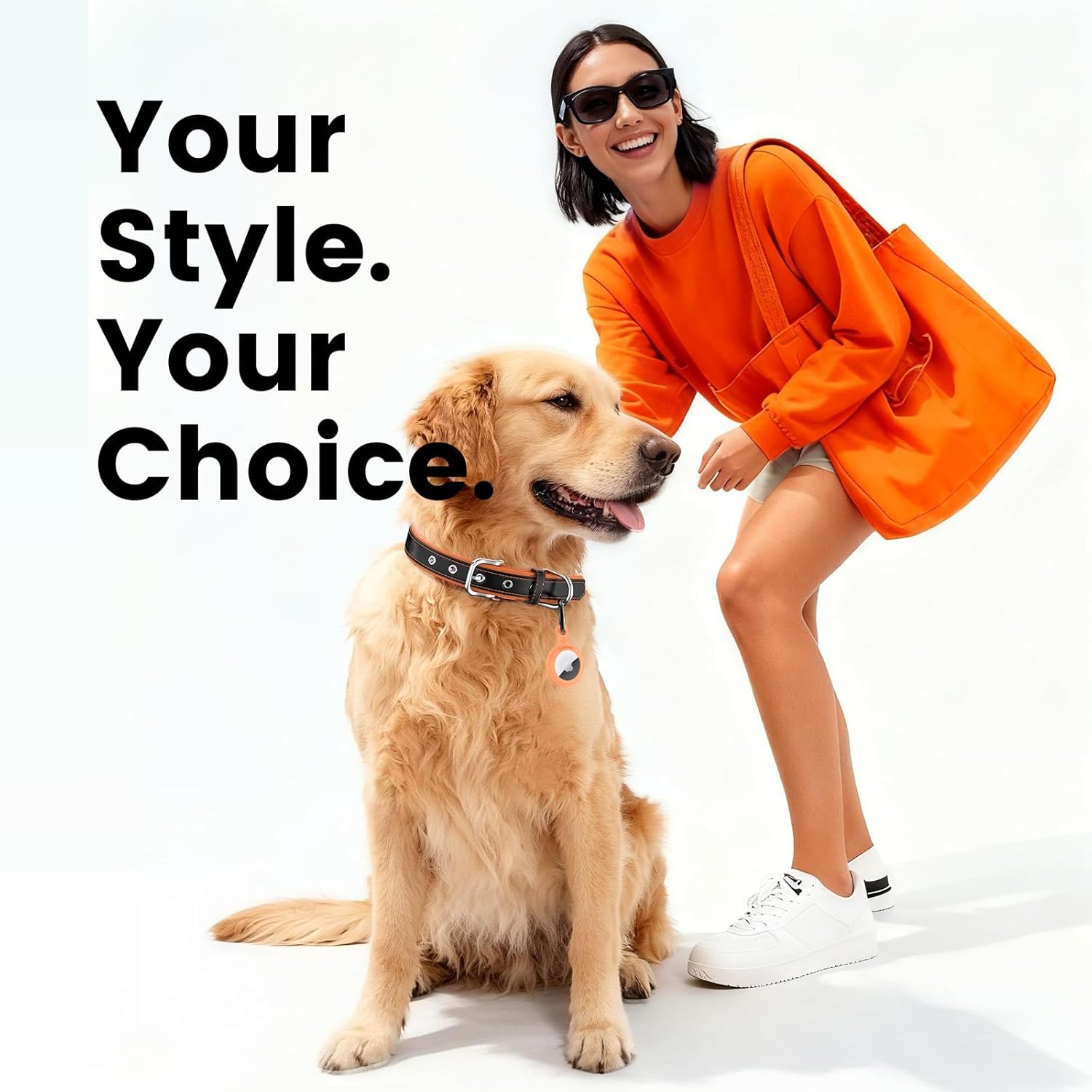 Thumbnail 2 de PawView leather dog collar with AirTag holder (QR code) – adjustable breathable PU lining in orange (medium)