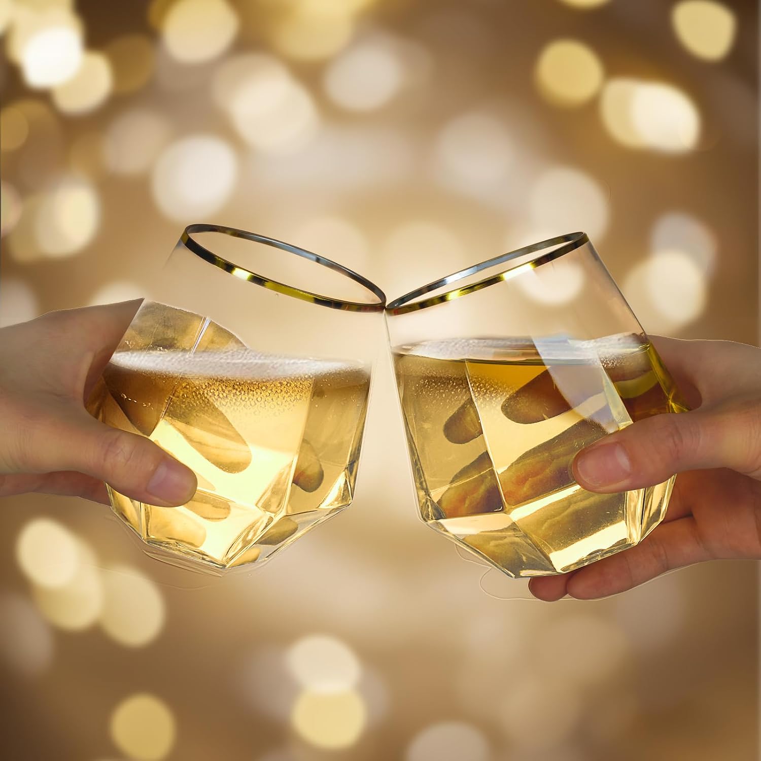 Detalle de Goodluck 80 PCS Diamond Stemless Plastic Wine Glasses, 12 Oz, Gold Rim Disposable Cups