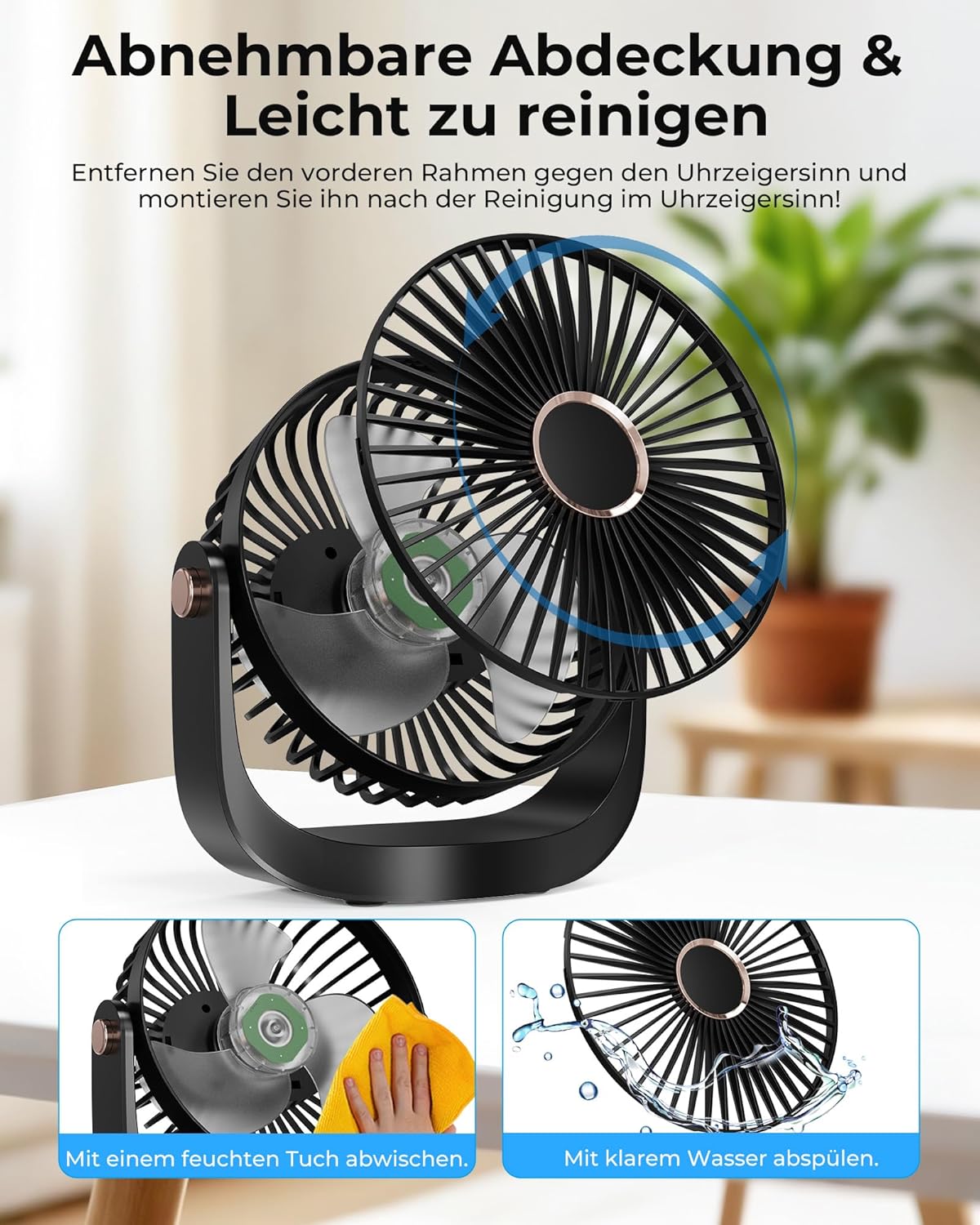 Thumbnail 6 de AICPAN Ventilator Leise – Tischventilator mit Nachtlicht, wiederaufladbar (3000 mAh), 5 Stufen, 360° neigbar, schwarz