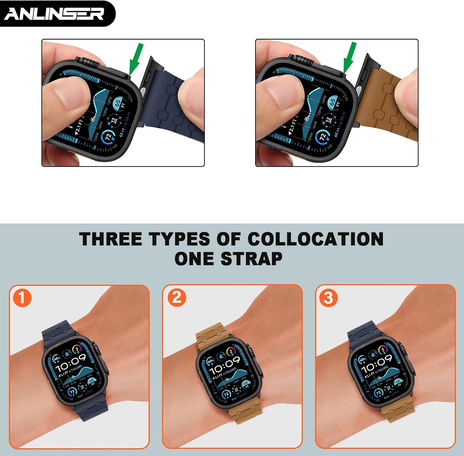 Thumbnail 2 de Anlinser Apple Watch Magnetic Silicone Band (49mm–42mm) – Brown/Indigo