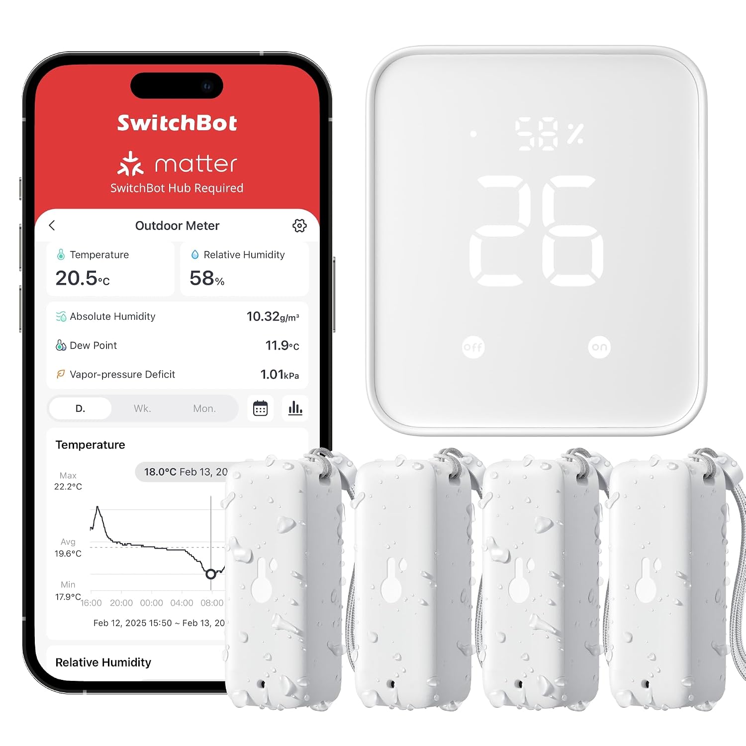 Detalle de SwitchBot Lot de 4 thermomètres sans fil hygromètres int./ext. avec hub 2 – IP65, capteurs Sensirion et notifications