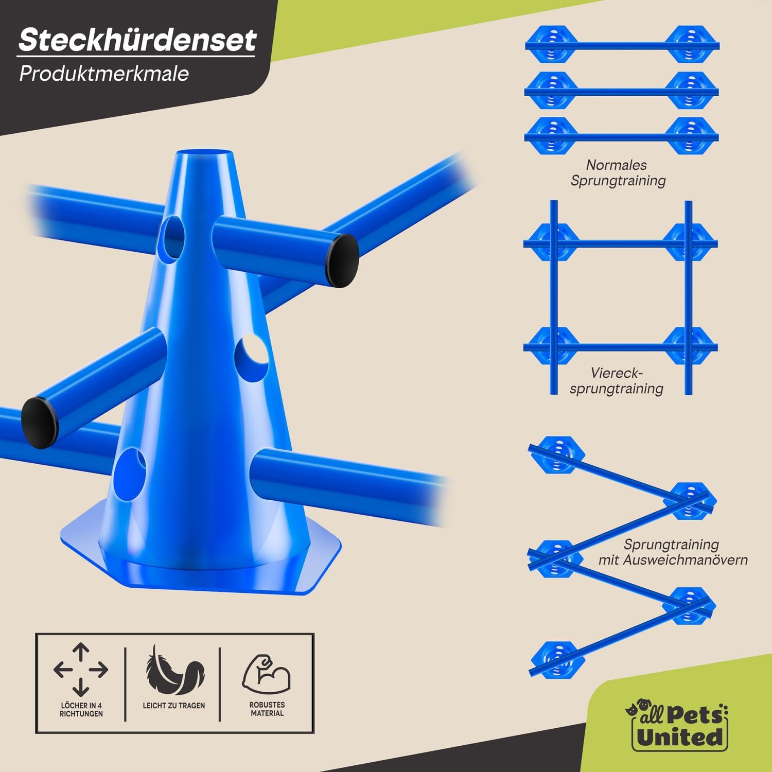 Detalle 2 de all Pets United® Steckhürden-Set für Hunde (Agility Trainingszubehör) – 4 Sets mit Stange und Hütchen