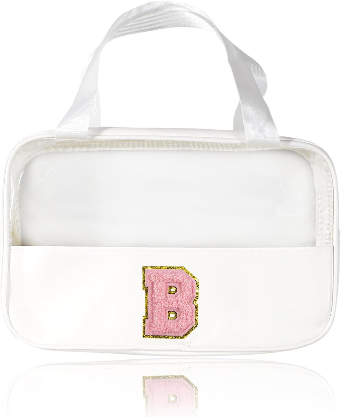 Detalle de Bliceon Makeup Bag, Clear Travel Toiletries Bag in White with Pink Letter B – Personalised Gift