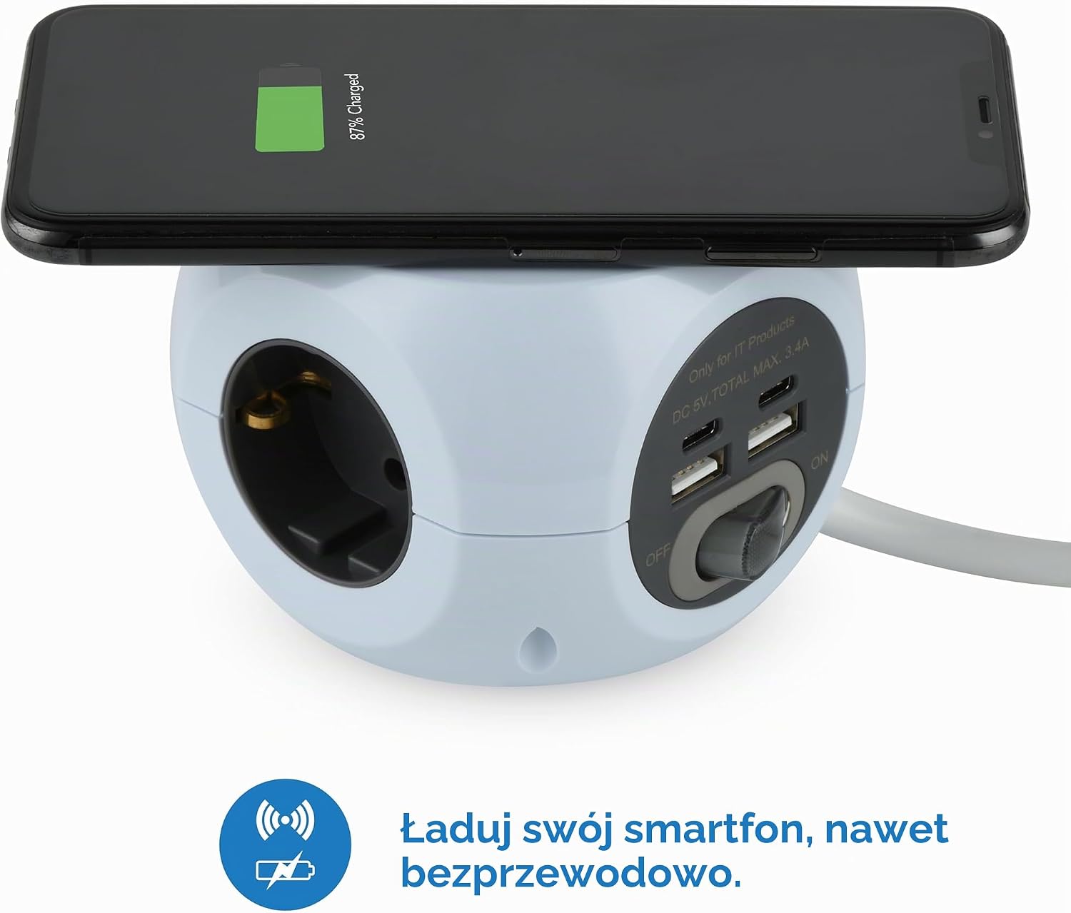 Detalle 1 de Electraline 62079 Mini Cube – listwa z ładowarką Qi, 3 gniazdami i 3 portami USB