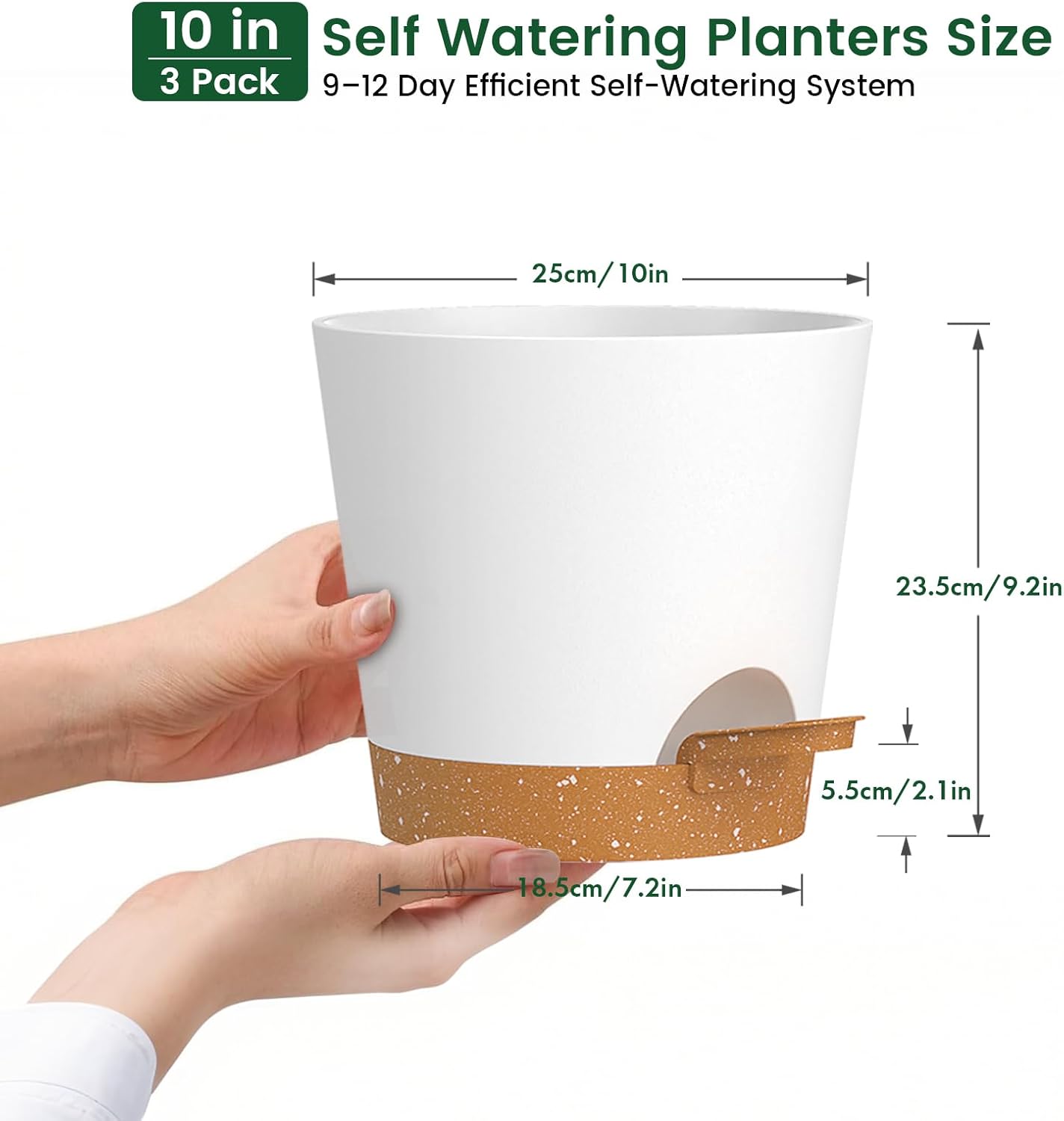 Thumbnail 1 de WSMKSZ 25cm Large Self-Watering Plant Pots (3 Pack) with Deep Reservoirs, Cotton Wicks, White/Brown