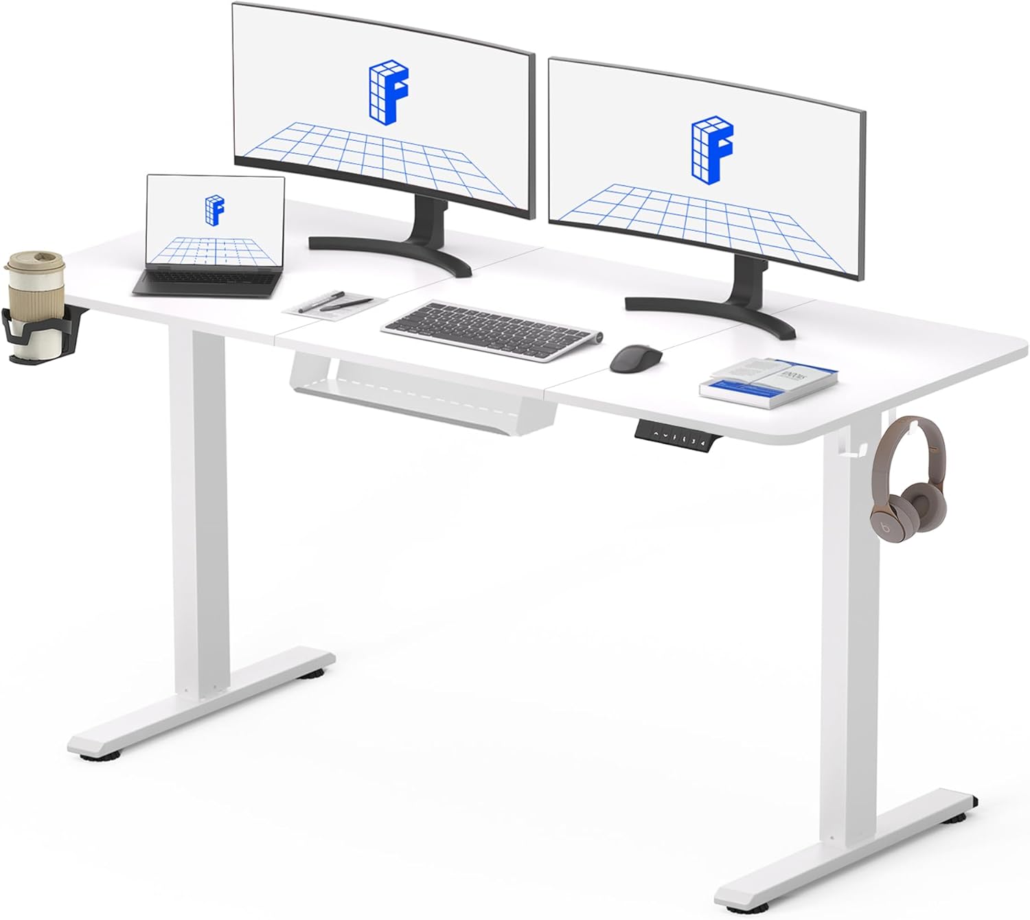 Detalle de FLEXISPOT Bureau Assis-Debout 140x60 cm, blanc – mémoire 4 hauteurs, accessoires et étagère