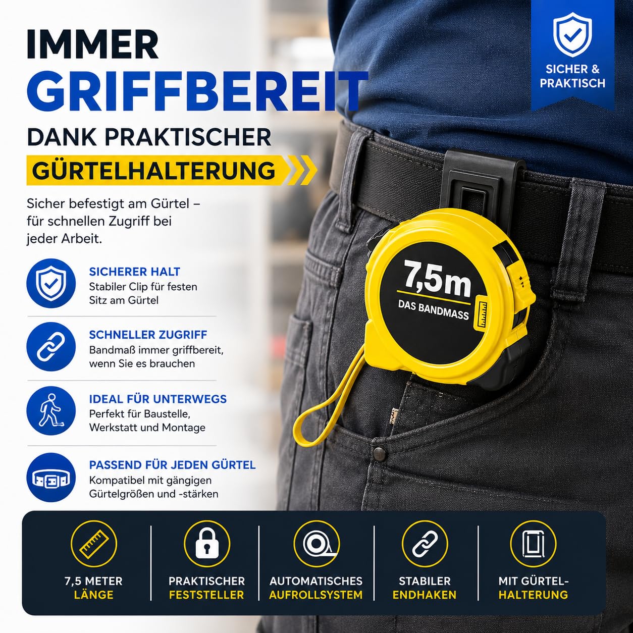 Thumbnail 4 de Bandmaß 7,5 Meter mit Halterung – robustes Rollmaßband für präzises Messen