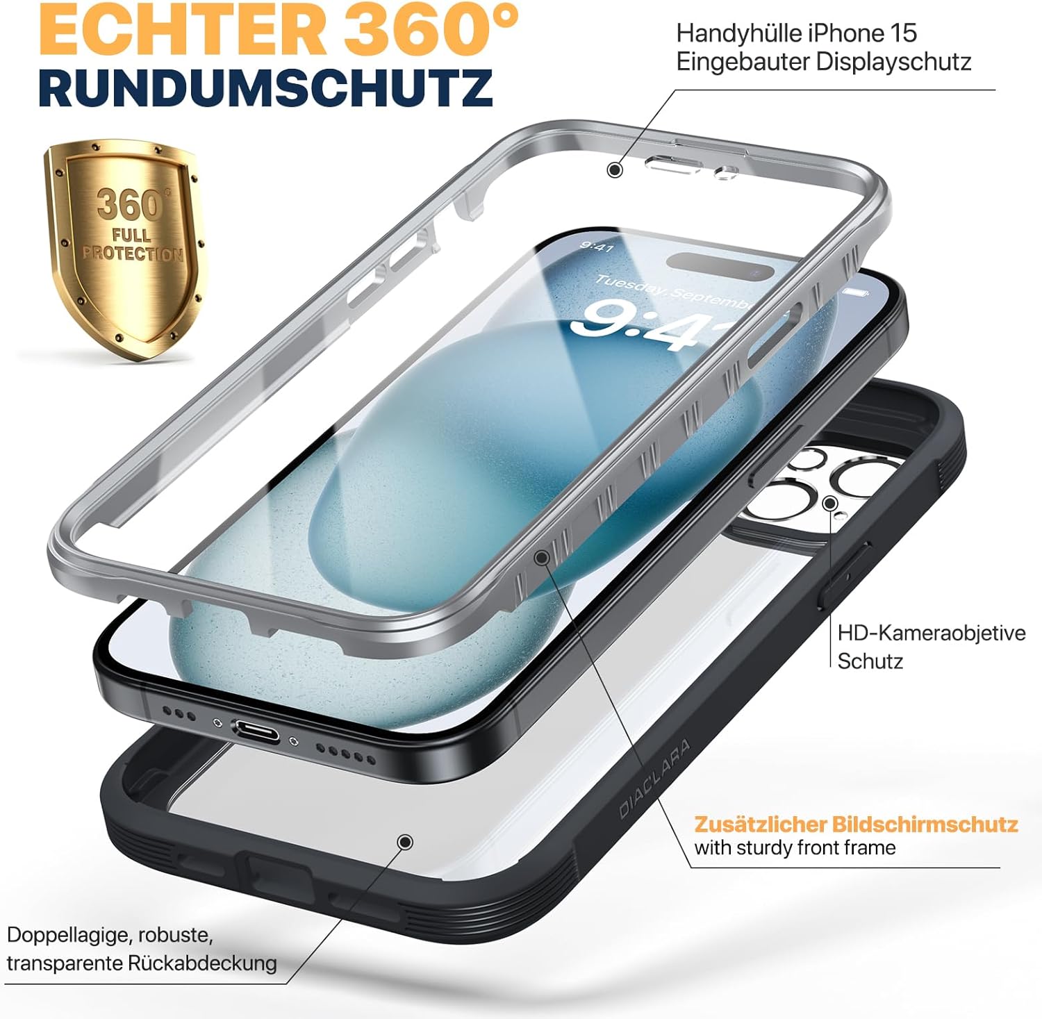 Detalle 2 de Diaclara 360° Hülle für iPhone 15 – Militärschutz, integrierter Displayschutz & Kameraschutz (Schwarz)