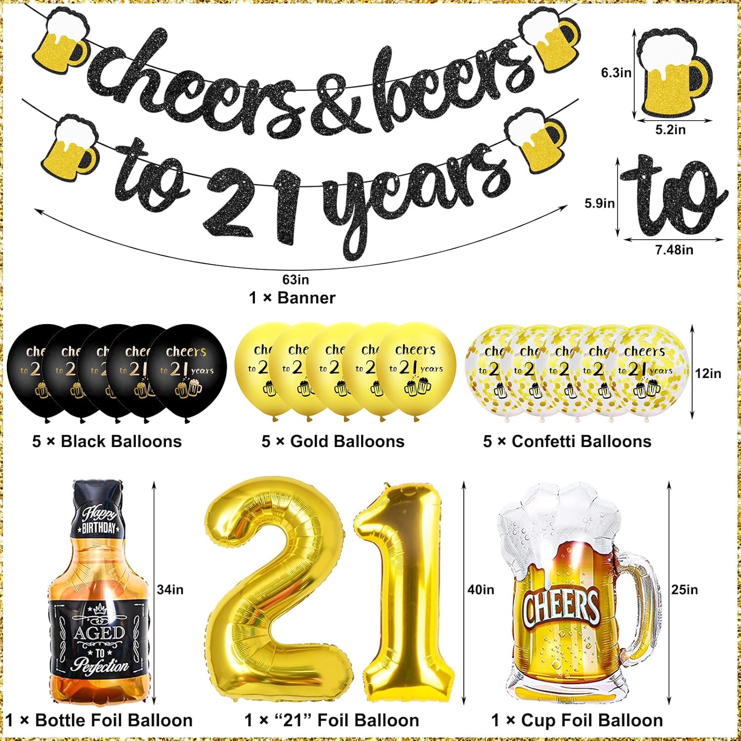 Detalle 2 de 21st Birthday Decorations set with black & gold “cheers to 21 years” banner and foil number 21 balloons
