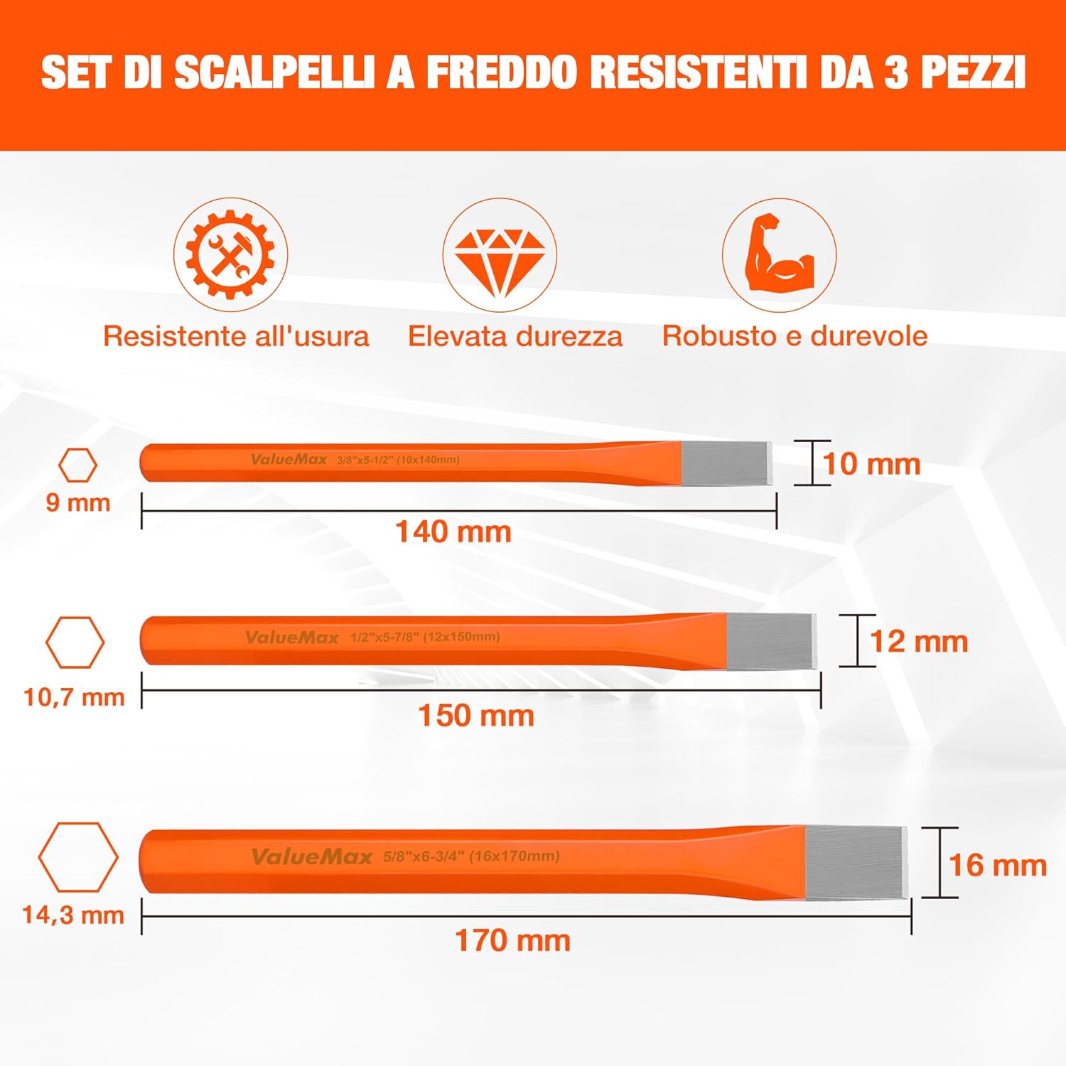 Detalle de ValueMax Set di Scalpelli Piatto da 3 Pezzi in acciaio Cr-V (10, 12, 16 mm)
