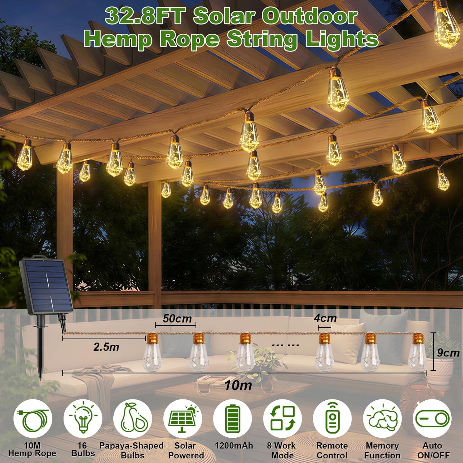 Thumbnail 1 de Giliwosy Solar String Lights Outdoor Garden (10m, 16 Papaya-style LEDs) with Remote, Timer & 1200mAh Battery