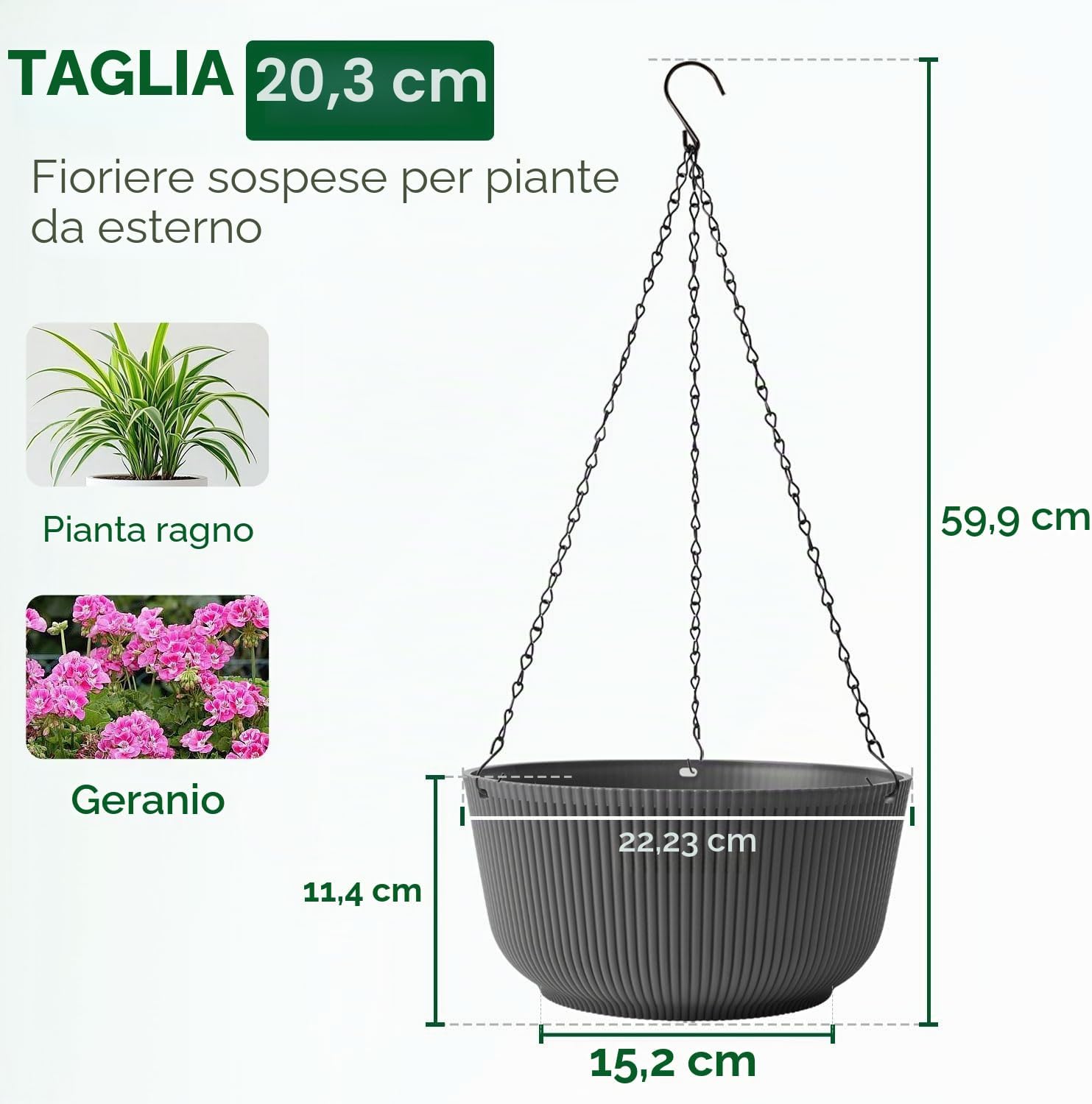 Thumbnail 1 de T4U vasi sospesi da parete 20 cm (8 pollici) grigi con foro di drenaggio, set da 2