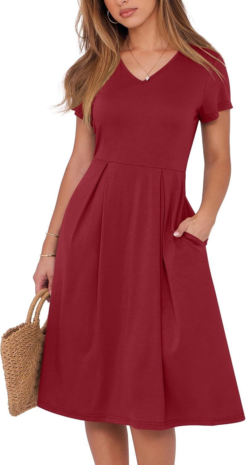 Detalle de ANRABESS Women Summer Dress: V-Neck A-Line Midi with Pocket