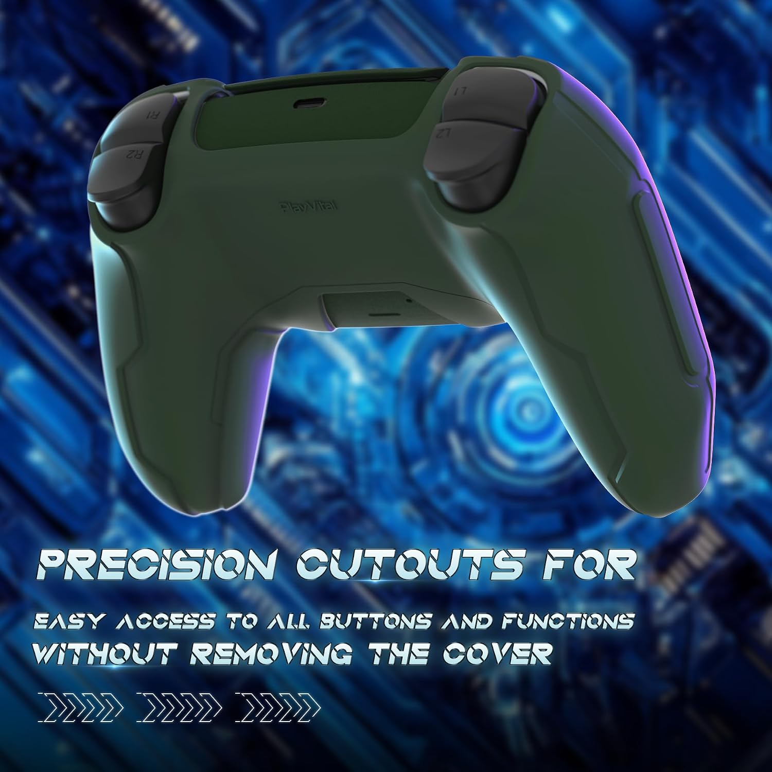 Detalle 2 de PlayVital Mecha Edition Silicone Cover for PS5 Controller (Green) – Anti-Slip, Shockproof, with Joystick Caps & Stickers