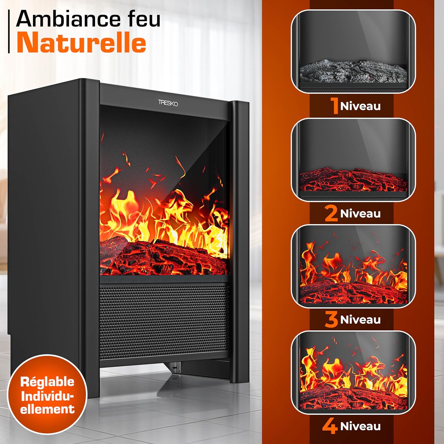 Thumbnail 4 de TRESKO Cheminée électrique 2000W – Chauffage LED 4 niveaux, WiFi App SmartLife et télécommande