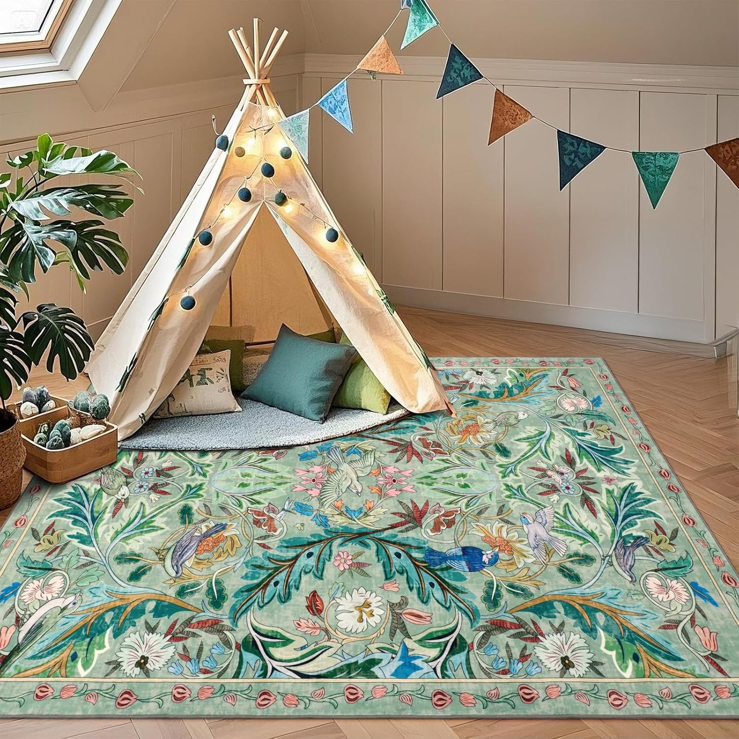 Thumbnail 2 de TUKDAK Washable Area Rug for Living Room – 160×230cm, Green Boho Soft Non-Slip Short Pile Animal Carpet