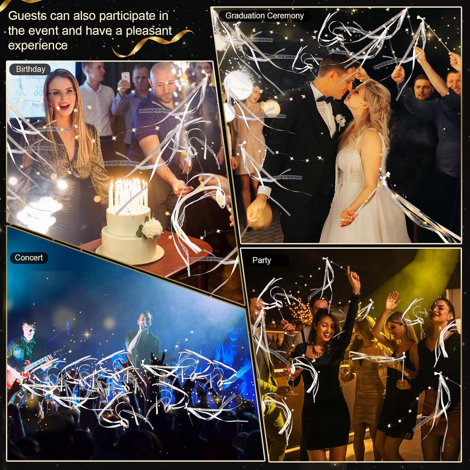 Thumbnail 6 de 50 Pcs LED Wedding Wands with 3 Flash Modes — Warm White Glow, Ribbons, Bells
