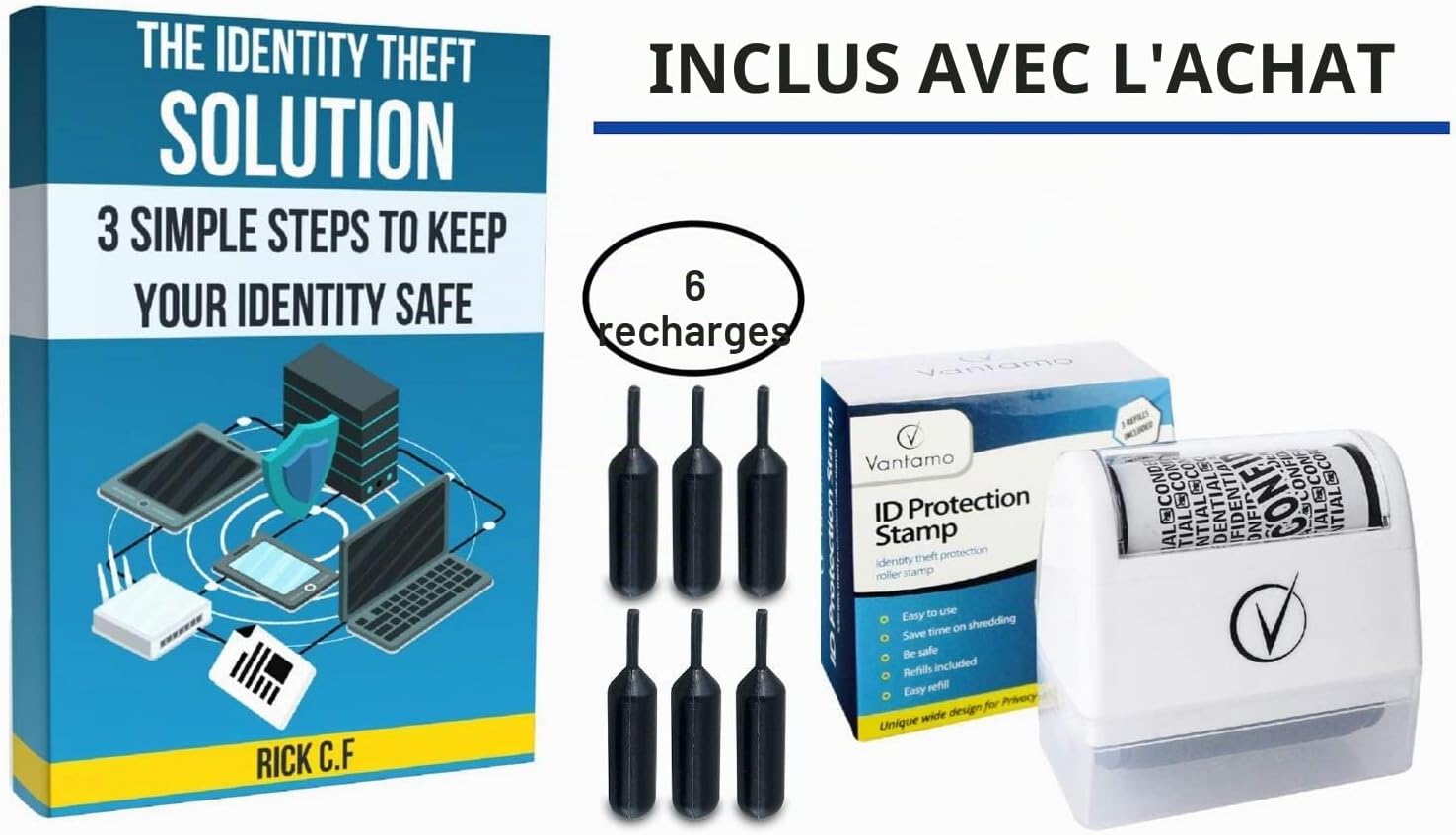 Detalle de Vantamo – Kit tampon rouleau confidentiel, protection contre le vol d'identité (6 recharges incluses) - blanc chic