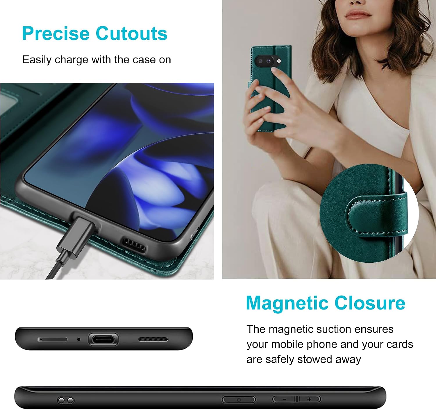 Detalle de Kuafcase for Google Pixel 9A Case with 4 Card Slots, Magnetic Closure and Kickstand – Green