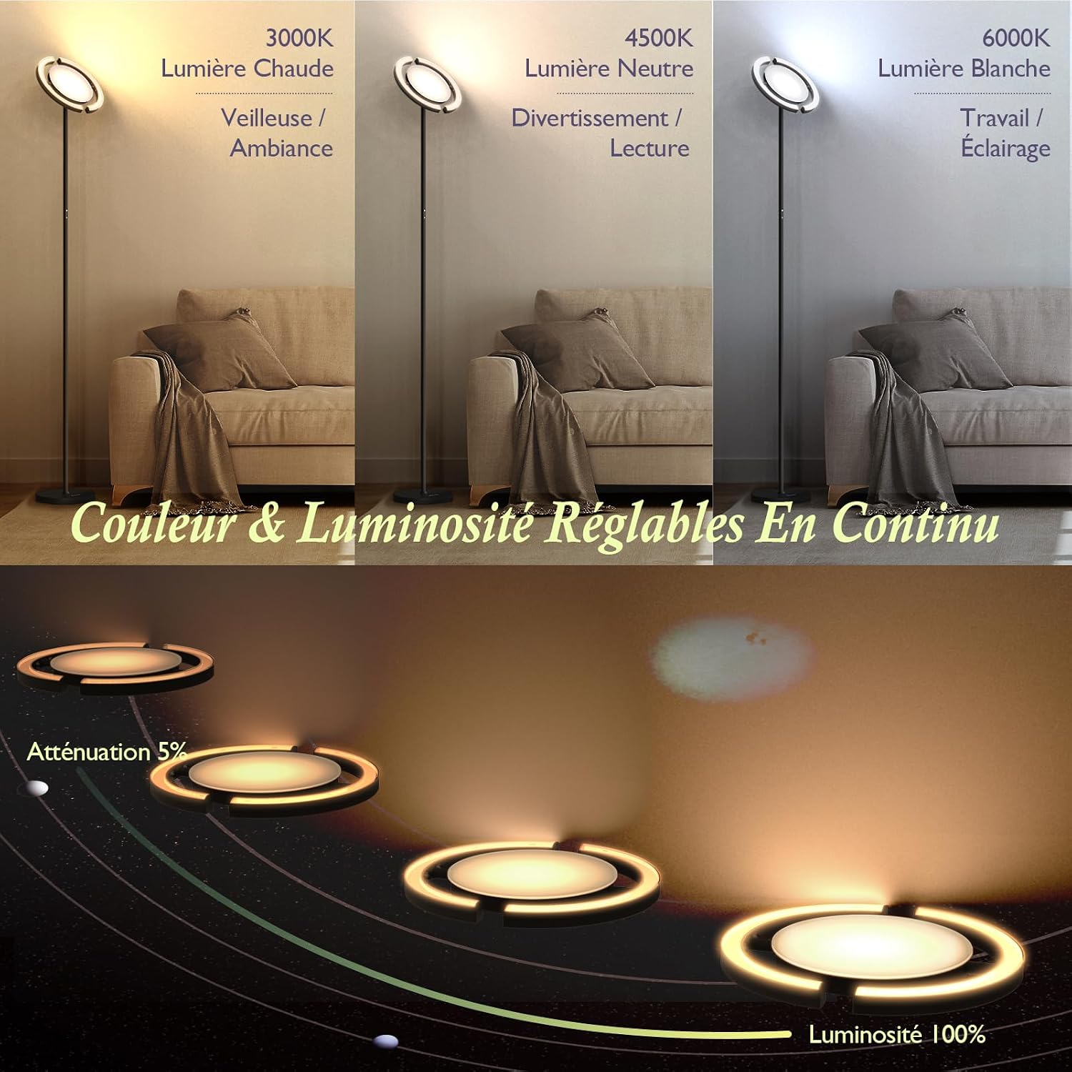 Thumbnail 1 de FIMEI Lampadaire LED sur pied 36W, 3000K–6000K avec télécommande et commande tactile