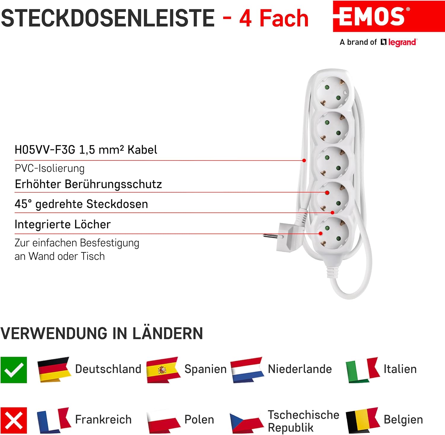 Detalle de EMOS P0525 R Bloc multiprise 5 prises — câble 5 m, blanc, sécurité enfant
