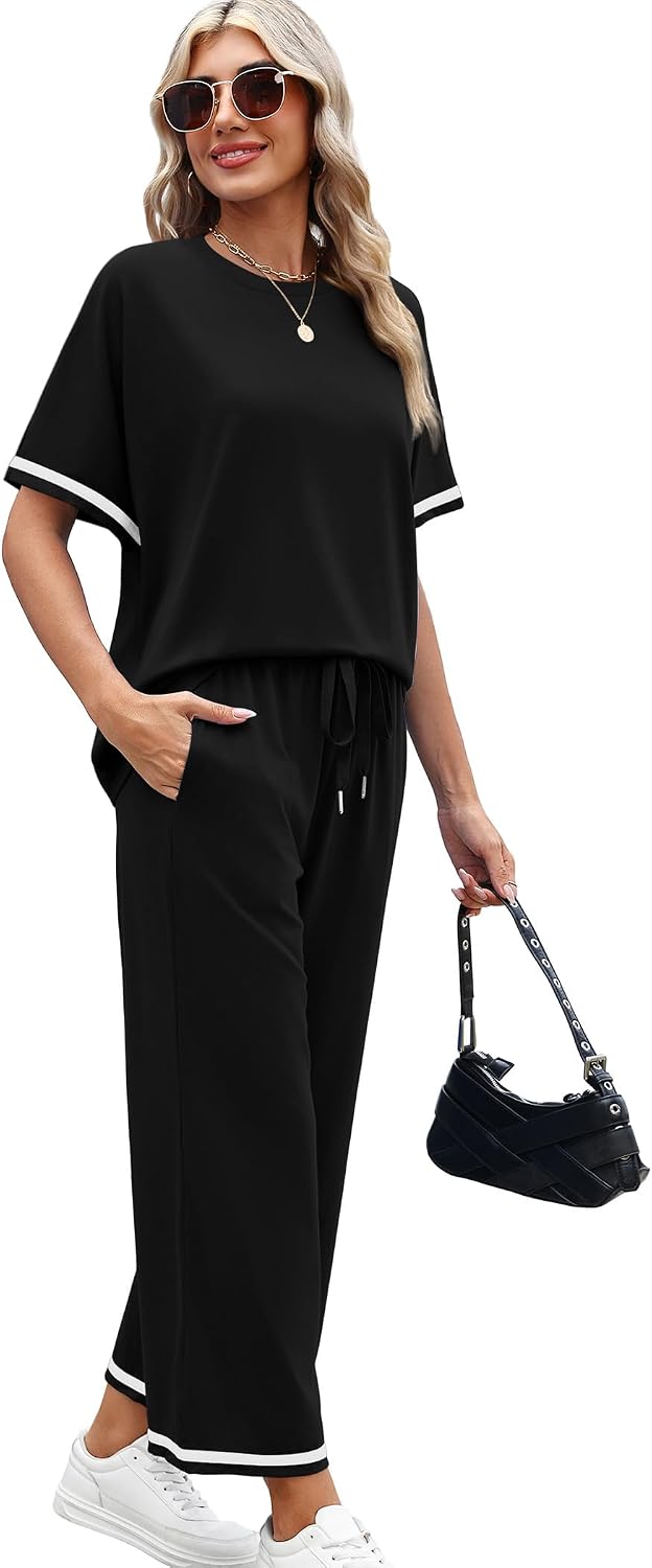 Detalle de Sampeel 2 Piece Sets for Women: Casual Summer Lounge Set with Short Sleeve Top and Wide-Leg Pants
