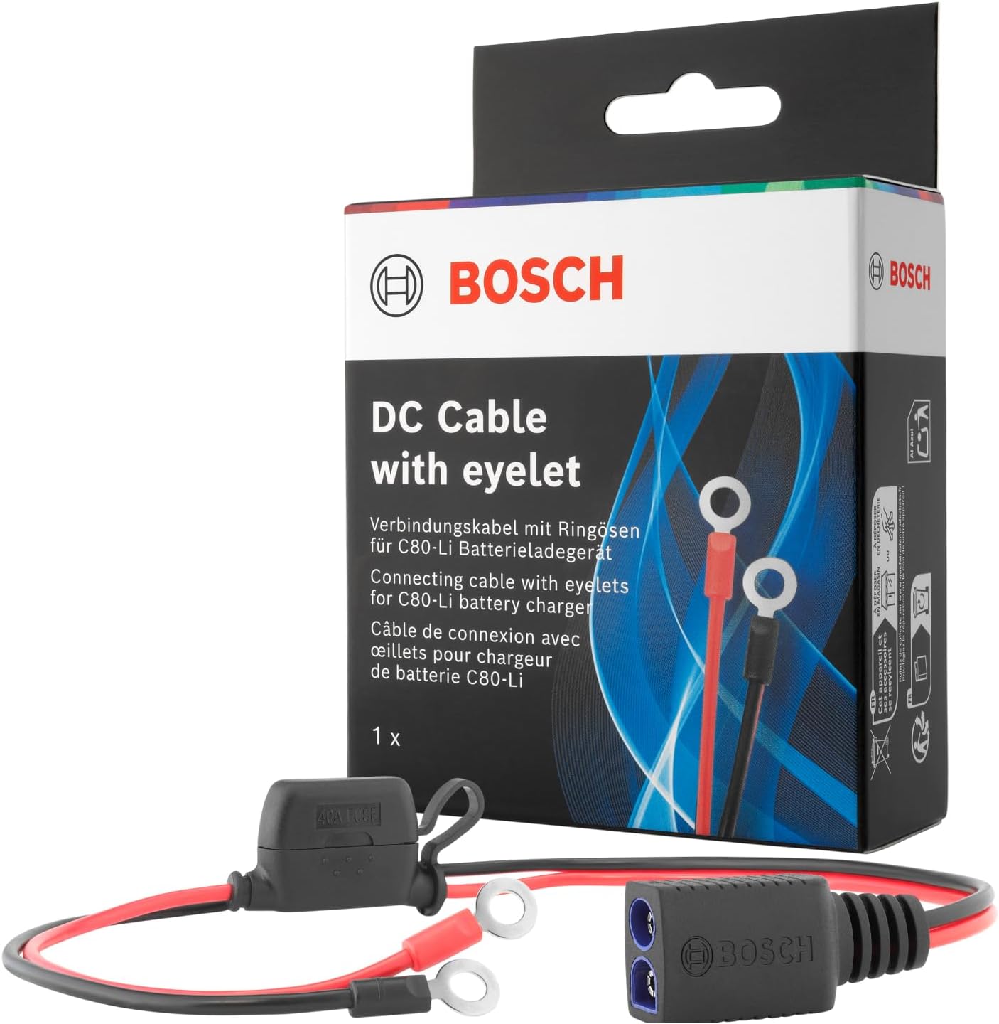 Detalle de Cavo di Collegamento Bosch per Caricabatterie – 52 cm, occhielli M6, fusibile 40 A – Ricambi Originali 0189999280