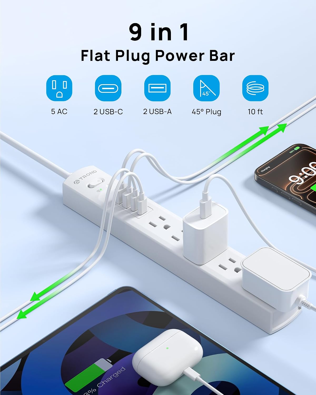 Detalle de TROND TD-PS-US03 Power Bar with 5 AC Outlets, 4 USB Ports and 10 ft Cord