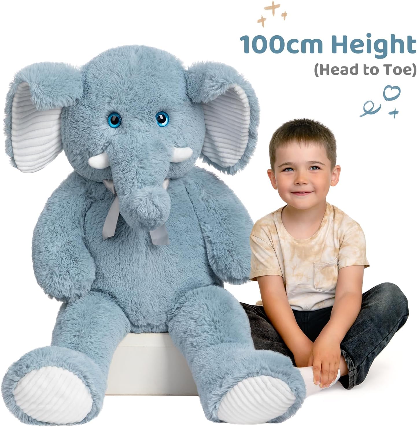 Detalle de BEJOY XXL Großer Elefant Teddy – 100 cm, Plüschtiere mit 3D-Blauäugigen Augen, weiches Kuscheltier für Kinder