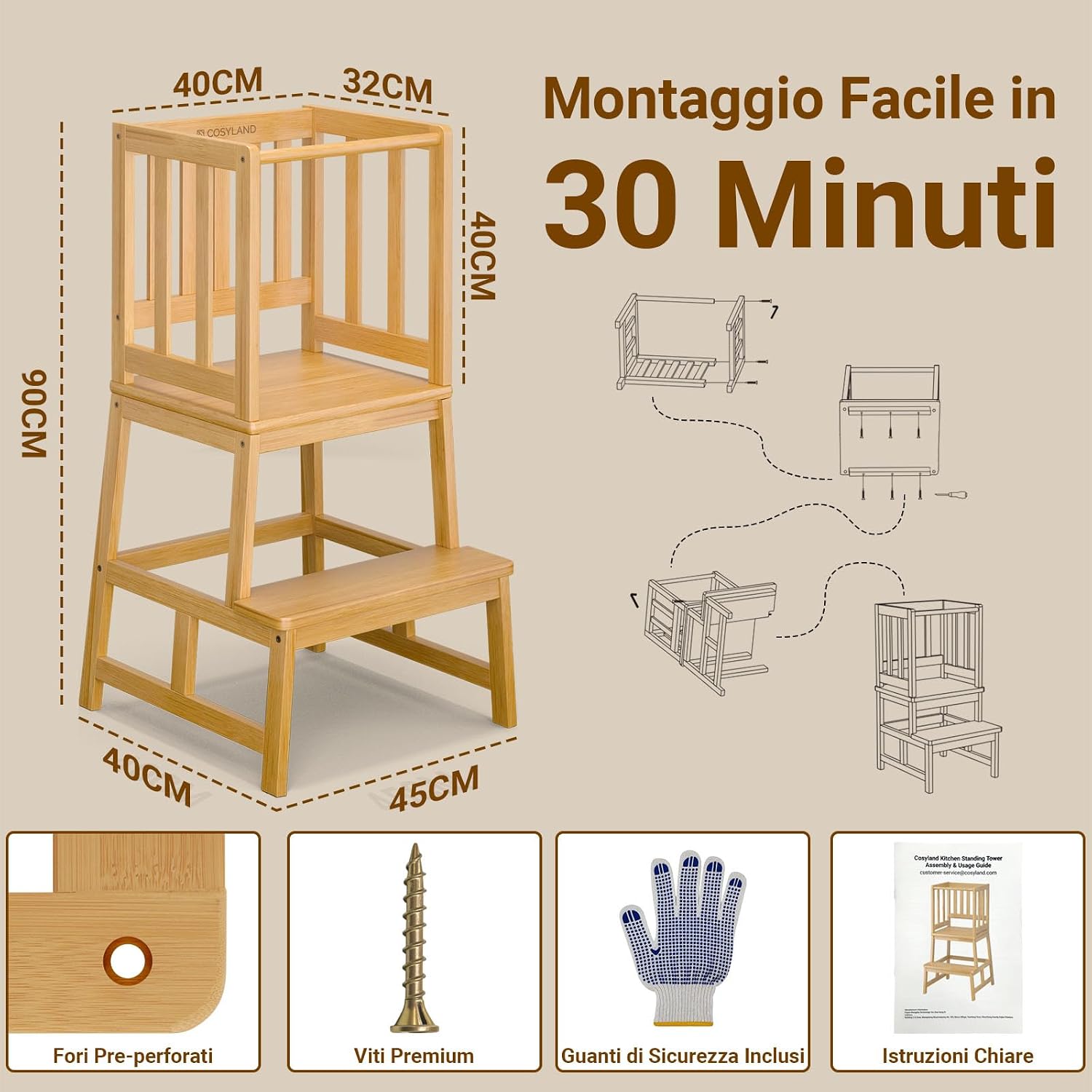 Detalle de COSYLAND Torre Montessoriana Bambini – Torretta A a forma di 'A' in Bambù Naturale