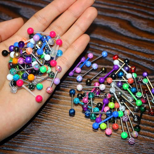 Detalle de OUFER 100er Set Tongue Rings 14G – 316L Edelstahl, bunte Acrylkugeln, zufällige Farben