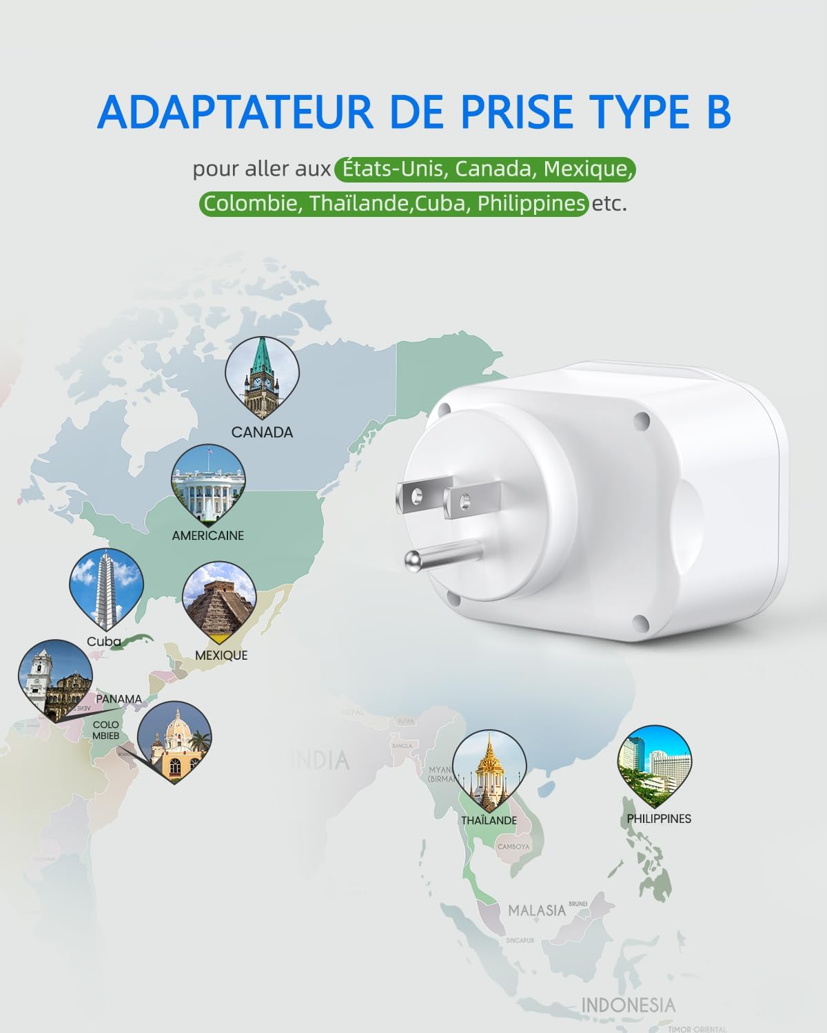 Detalle 1 de LENCENT Adaptateur Prise USA Type B 4 en 1