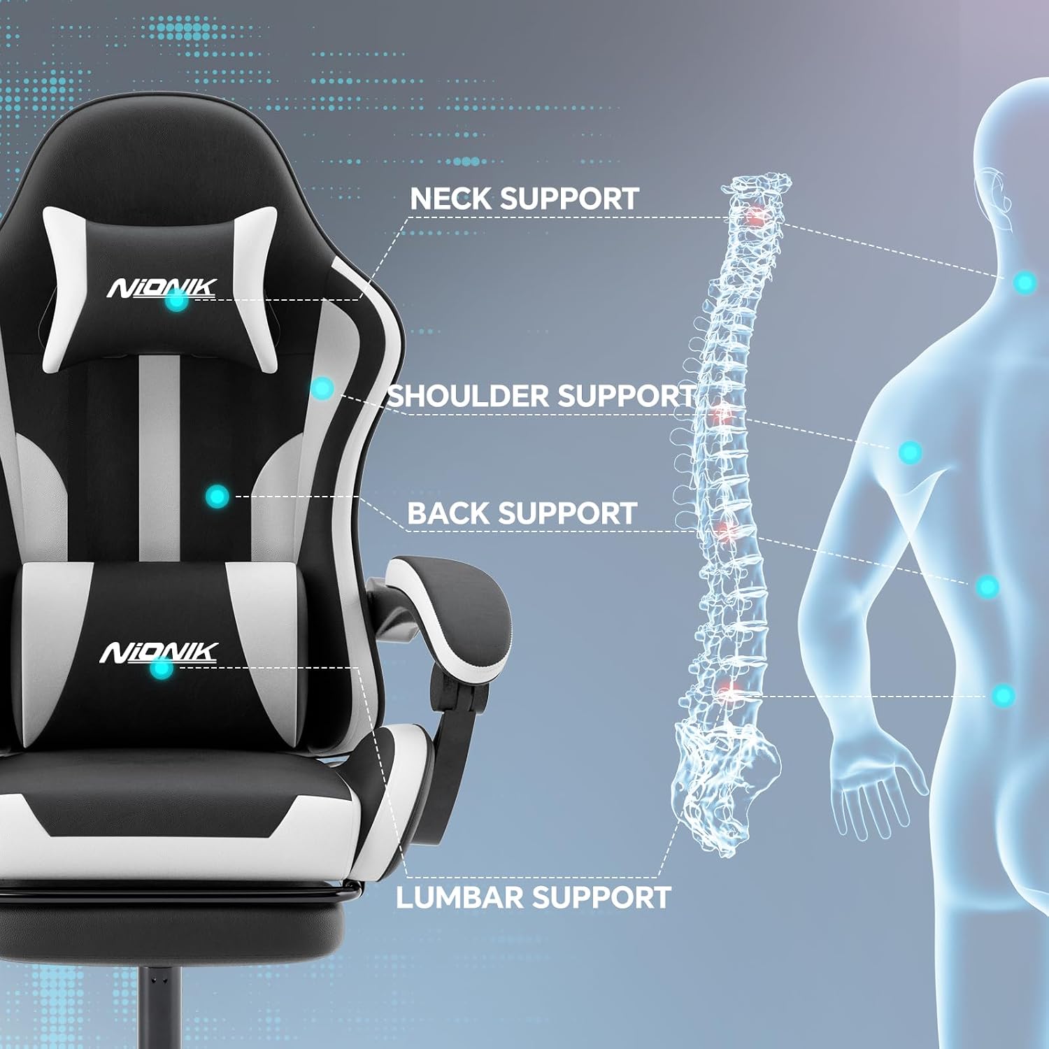 Detalle 2 de NIONIK 602 Gaming Chair, Black and White Leather with Footrest and Lumbar Support