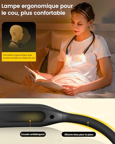 Detalle 2 de Glocusent Lampe de Lecture pour Liseuse et Livre – Lampe à Suspendre Rechargeable, 100h d’autonomie, 5 niveaux et 5 températures de couleur (Noir)