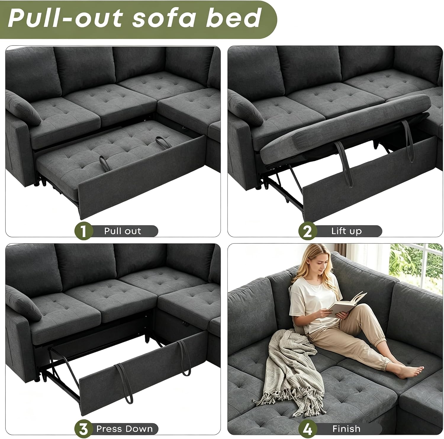 Thumbnail 4 de Huatean Home 200 7-Seat Pull-Out Sectional Sofa with Storage, Flat Gray