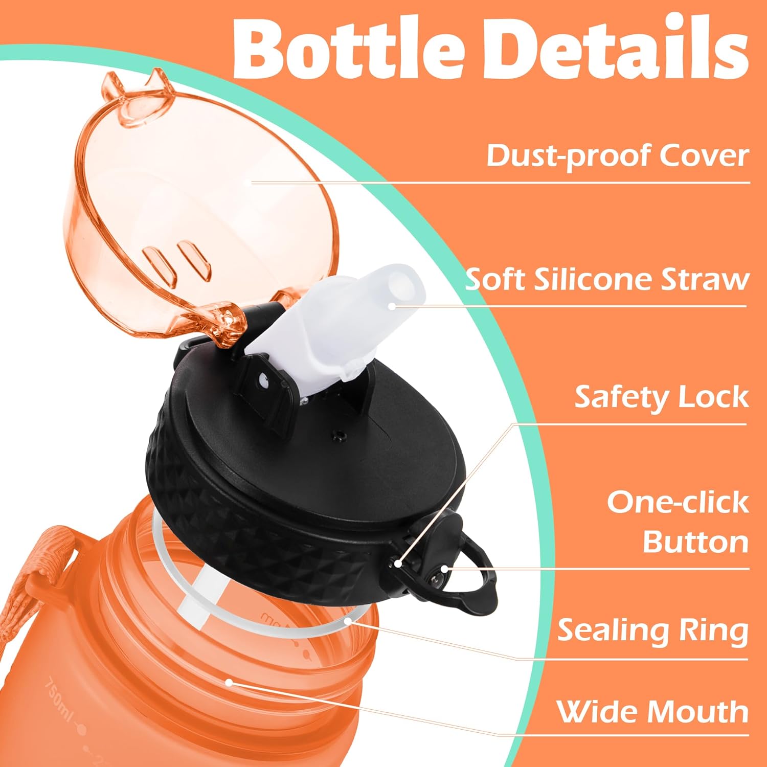 Detalle 2 de OLDLEY 750ml/25oz Leakproof Straw Water Bottle with Time Markings – BPA Free Tritan, 1 Lid (Orange/Green)